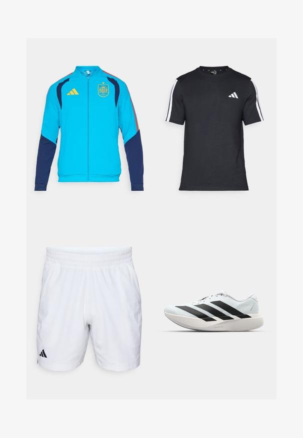Turecki turkusowa kurtka sportowa z granatowymi rękawami, z żółtym zamkiem błyskawicznym i logo Adidas. Na piersi znajduje się hiszpańska narodowa herbu.; Czarna koszulka z krótkim rękawem, wykonana z bawełny, z białymi paskami na ramionach i białym logo po lewej stronie klatki piersiowej.; Białe sportowe szorty z elastycznym paskiem w talii, wykonane z teksturowanej tkaniny, z czarnym logo Adidasa na dolnej lewej stronie.; Lekkie buty do biegania w jasnoniebieskim kolorze z czarnymi pasami. Posiadają gładką cholewkę, okrągły nosek oraz grubą białą podeszwę środkową oznaczoną "LIGHTSTRIKE PRO."
