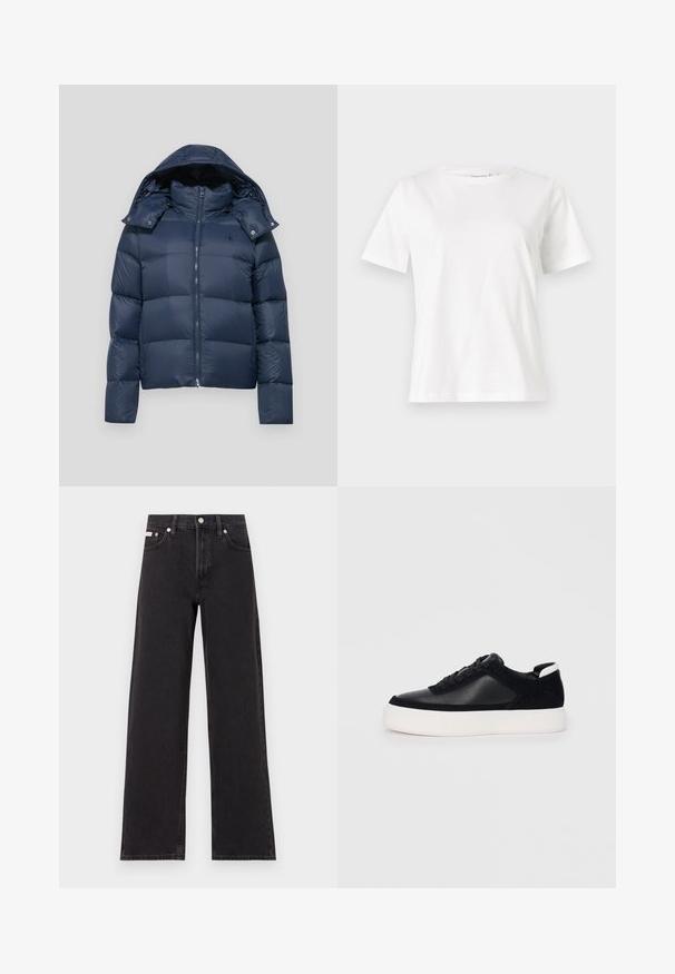 Námornícky modrá pérová bunda so zipsom, odnímateľnou kapucňou a prešívaným dizajnom. Obsahuje logo na ľavej hrudi a akcenty so zapínaním na cvoky.; Biela bavlnená tričko s krátkymi rukávmi, okrúhlym výstrihom a voľným strihom. Hladká textúra, bez vzorov alebo akcentov, minimalistický dizajn.; Čierne široké džínsy vyrobené z denimu, s vysokým pásom, piatimi vreckami a kovovým zapínaním s kontrastným šitím.; Čierne tenisky s hladkou kožou a semišovými panelmi, plochými šnúrkami, zaoblenou špičkou a bielou gumovou podrážkou. Výrazné logo na päte.