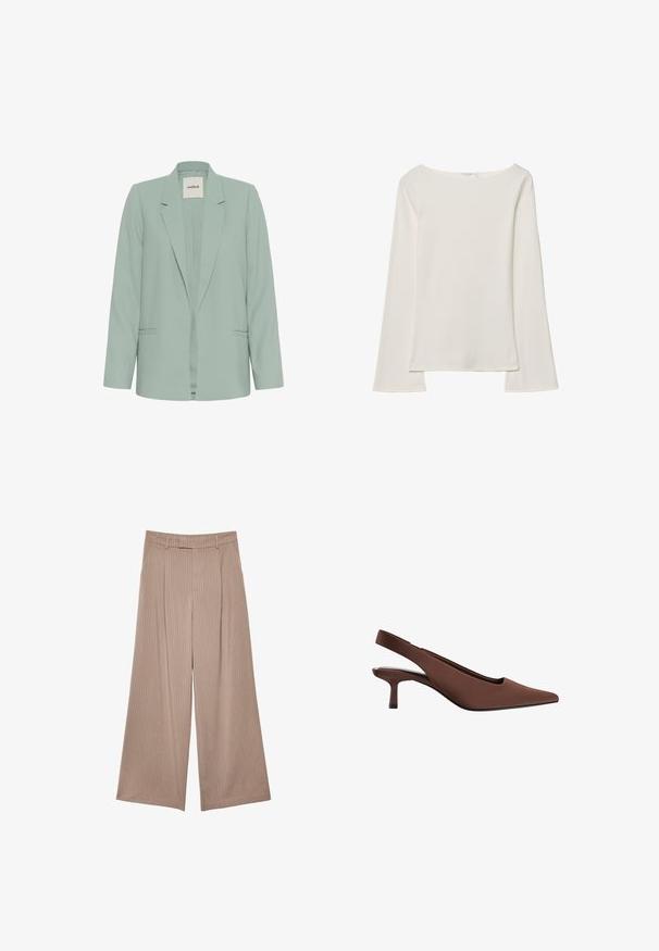 Světlý zelený blejzr vyrobený z hladké látky, s klopovým límcem, dlouhými rukávy a dvěma předními kapsami. Otevřený přední design, minimalistický styl.; Krémový top s dlouhými rukávy, širokým výstřihem a rozšířenými rukávy. Hladká, lehká látka. Jednoduchý, minimalistický design bez ozdob.; Béžové široké kalhoty s texturovanou tkaninou a svislými proužky. Mají plochý přední pas a žádné viditelné kovové doplňky.; Hnědá slingback botička s podpatkem a špičatou špičkou, hladkým povrchem, štíhlým středně vysokým podpatkem a minimalistickým designem.