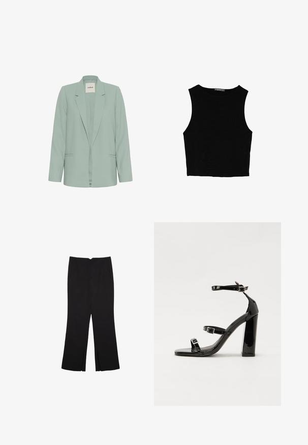Vaalean vihreä bleiseri, joka on valmistettu sileästä kankaasta. Siinä on viisitaitteinen kaulus, pitkät hihat ja kaksi etutaskua. Auki oleva etuosa, minimalistinen tyyli.; Musta hihaton crop-top, joka on valmistettu sileästä kankaasta, jossa on pyöreä kaula-aukko ja siisti, yksinkertainen muotoilu ilman kuvioita tai varusteita.; Mustat housut suoralinjaisella leikkauksella, joissa on etutaskut ja sivurei'ät helman alla. Valmistettu pehmeästä ja sileästä kankaasta. Sopii eri tilaisuuksiin.; Musta kiiltävä korkokenkä sandaalit neliönmuotoisella varpaalla, nilkkaremmillä ja hopeisilla soljilla. Varustettu tukevalla lohkokorkealla vakauden takaamiseksi.