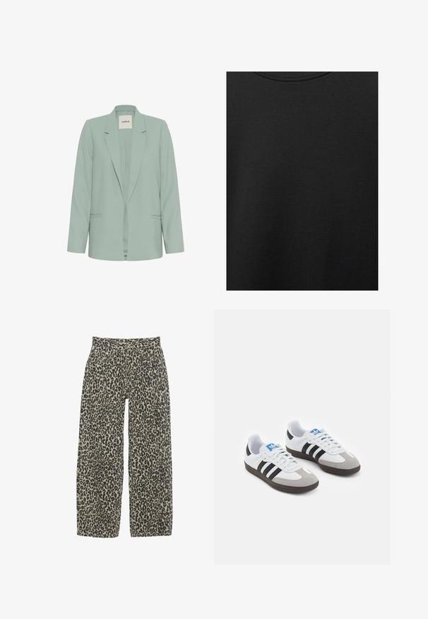 Lichtgroene blazer van gladde stof, met een geknipt revers, lange mouwen en twee voorzakken. Open ontwerp, minimalistische stijl.; Zwarte katoen stof met een soepele textuur en een ronde halslijn, met een subtiele, gelijkmatige nerfpatroon. Geen zichtbare logo's of accenten.; Leopardprint wijdere broek in een neutrale beige en zwarte kleurstelling. Kenmerken zijn een hoge taille, vijf zakken en een knoopsluiting.; Sportschoenen met een witte leren bovenkant, grijze suède neus en drie zwarte strepen. Bevat een blauw logo op de tong en een gestructureerde rubberen zool.