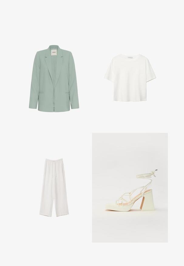 Světlý zelený blejzr vyrobený z hladké látky, s klopovým límcem, dlouhými rukávy a dvěma předními kapsami. Otevřený přední design, minimalistický styl.; Bílý krátký rukáv tričko vyrobené z bavlny. Má kulatý výstřih a volný střih. Hladký materiál bez viditelných vzorů nebo akcentů.; Bílé široké kalhoty vyrobené z lehké tkaniny. Mají elastický pas se šňůrkou a boční kapsy. Hladká textura.; Bílé sandály na vysokém podpatku s robustním podpatkem, s designem s pásky a zavazováním kolem kotníku. Hladký povrch s platformou vpředu pro zvýšení výšky.