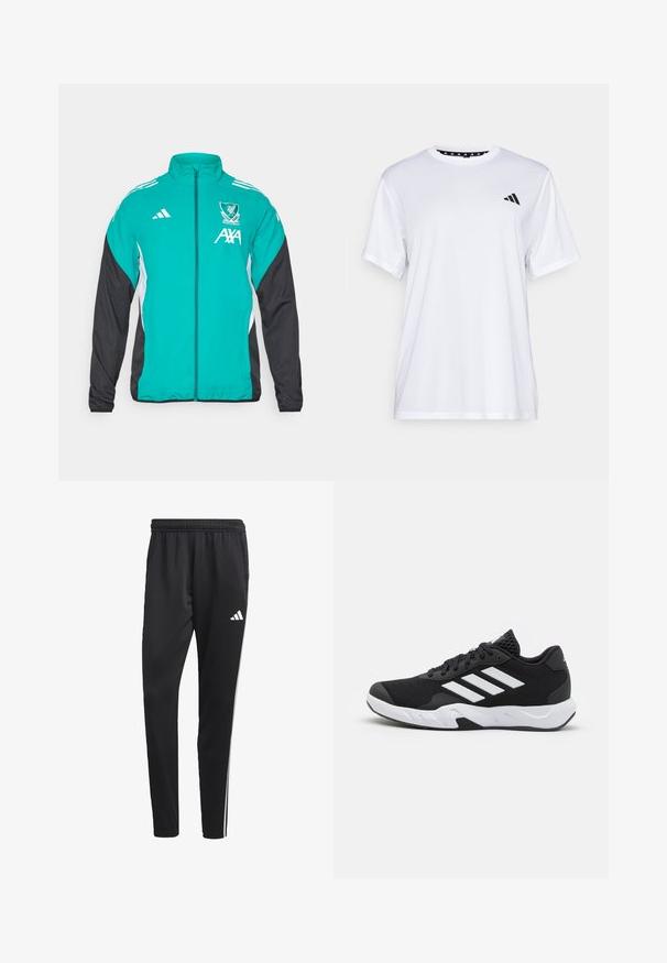 Adidas zipzáras dzseki, türkiz elülső résszel, fekete ujjakra, fehér oldalsó részletekkel, valamint Liverpool FC logóval és AXA márkázással.; Fehér sportpóló rövid ujjal, nedvességelvezető anyagból készült. A bal mellrészen fekete logó található, és a nyak belső része mintás.; Fekete sportnadrág rugalmas derékkal, fehér oldalsávokkal és egy kis fehér logóval a combon. Simaságáért és könnyű anyagáért kedvelt.; Fekete sportcipők, textúrált hálós felsőrésszel, fehér díszcsíkokkal, párnázott talppal és megerősített sarokkal a stabilitás érdekében.