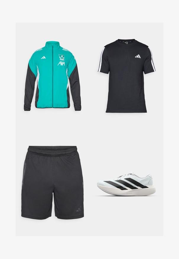 Adidas jack met ritssluiting, met een turquoise voorkant, zwarte mouwen, witte zijaccenten en het Liverpool FC-logo met AXA-branding.; Zwarte T-shirt van katoen met korte mouwen, met witte strepen op de schouders en een wit logo op de linkerkant van de borst.; adidas Performance SEA SHORT - Korte broeken - black; Lichte hardloopschoenen in lichtblauw met zwarte strepen. Beschikt over een soepele bovenkant, ronde neusstuk en dikke witte tussenzool met het label "LIGHTSTRIKE PRO."