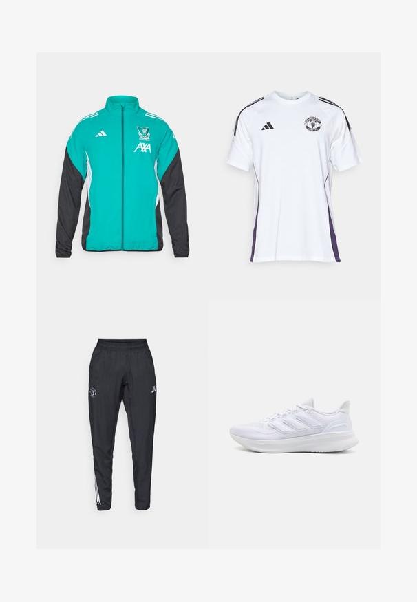 Chaqueta con cremallera de Adidas que presenta un frente turquesa, mangas negras, acentos laterales blancos y el logo del Liverpool FC con la marca AXA.; Camisa deportiva de manga corta blanca con acentos laterales en negro y morado, que presenta el logo del Manchester United y tres rayas negras en los hombros.; Pantalones deportivos negros con cinturilla elástica, logo bordado en el muslo y rayas blancas que recorren los lados.; Zapatillas deportivas blancas con una parte superior de malla texturizada, suela acolchada y soporte, y un diseño de tres rayas en el lateral.