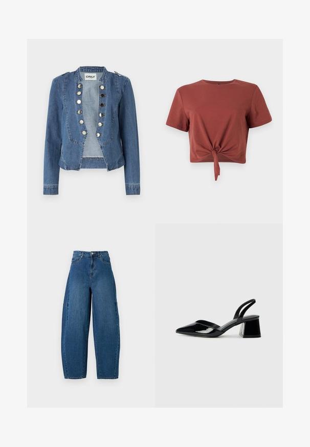 Lysblå denimjakke med et struktureret design, trykknaplukninger og en cropped pasform. Har lange ærmer og skulderdetaljer.; Rostfarvet cropped t-shirt i blød bomuld med korte ærmer og knyttet frontdetalje. Glat tekstur, rund halsudskæring.; Denimjeans i en mellemblå vask, med højt liv, bred benpasform og standard fem-lomme design med synlige stikninger.; Sorte patentlæder slingback hæle med spids tå og en geometrisk blok hæl. Har et elegant, minimalistisk design og en glat tekstur.