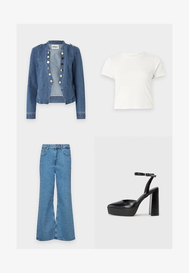 Džínová bunda v světle modré barvě se strukturovaným designem, se zapínáním na cvoky a zkráceným střihem. Disponuje dlouhými rukávy a akcenty na ramenech.; Krátká bílá tričko vyrobené z bavlny s krátkými rukávy, kulatým výstřihem a rovým lemem, s hladkou texturou a minimalistickým designem.; Světle modré rozšířené džíny z denimu, se zvýšeným pasem, pěti kapsami a jedním knoflíkem na zapínání. Měkký povrch s vybledlým vzhledem.; Černé platformové podpatky s špičatou špičkou a nastavitelným kotníkovým popruhem. Vyrobeny z hladké kůže, s masivním blokovým podpatkem.