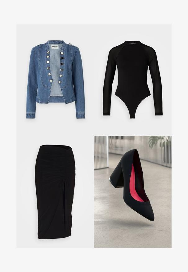 Leren spijkerjack in lichtblauw met een gestructureerd ontwerp, drukknoopsluitingen en een cropped fit. Heeft lange mouwen en schouderaccenten.; Zwart langemouwen bodysuit met hoge hals, met een ondoorzichtige stof op het lichaam en transparante mouwtjes, ontworpen in een fitted model.; Zwarte, gerimpelde kokerrok met strikdetail en een zijsplit. Gemaakt van een rekbaar stof, met een soepele textuur en een aansluitend ontwerp.; Zwarte hoge hak met een spitse neus, textuur op het oppervlak en een opvallend roze interieur. Beschikt over een chunky hak met zilveren accent.