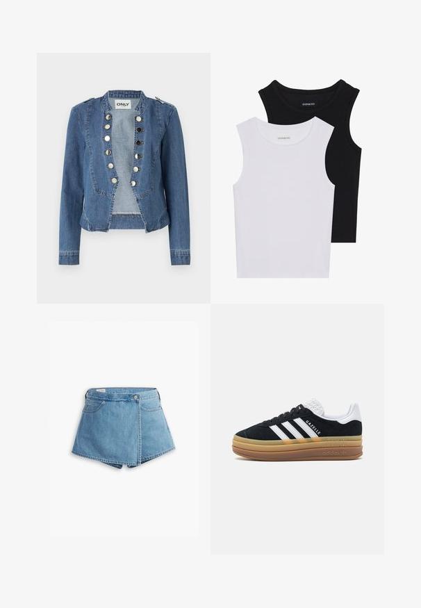 Heledad sinine teksajakk, millel on struktureeritud disain, nupuvajutusega kinnitused ja lühendatud lõige. Omab pikki varrukaid ja õlavarre aktsente.; Kaks lühikeste varrukateta toppi mustas ja valges, valmistatud ribakudumist, ümarate kaelustega ja sobiva disainiga. Mõlemal on nähtavad sildid.; Heledad lühikesed teksad helesinises toonis, millel on ümber kerimine, esikotid ning metallnööbiga sulgur. Sile tekstuur ja õmmeldud servad.; Must mustrepp jalanõud musta nahaga ja valgete aktsentidega, millel on kolm triipu, tekstureeritud valge konts, kummist tallad ja "Gazelle" bränding.