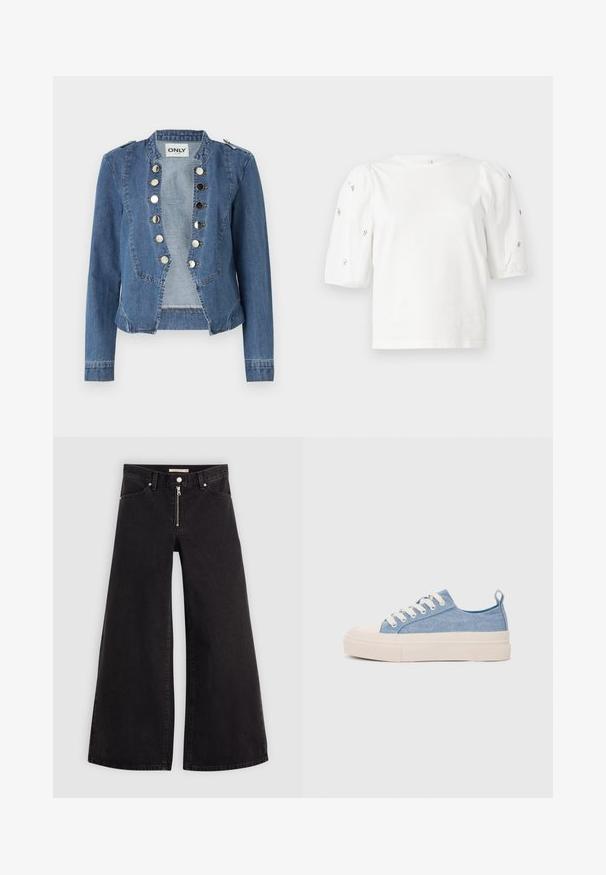 Švarkas iš džinsinės medžiagos šviesiai mėlynos spalvos, su struktūrizuotu dizainu, spaudimo mygtukais ir trumpu kirpimu. turi ilgas rankoves ir pečių akcentus.; Balta medvilnės marškinėliai trumpomis pūstomis rankovėmis, papuošti mažomis sidabrinėmis detalėmis ant rankovių. Klasikinis apvalus iškirpimas, laisvas siluetas.; Plačios kojų džinsai iš juodo džinsinio audinio su užtrauktuku priekyje, penkių kišenių dizainu ir subtiliais siuvinėjimo akcentais. Lygus paviršius ir laisvalaikio stilius.; Šviesiai mėlyni drobės sportbačiai su kreminiu guminiu pirštų apsaugos ir pado elementu, balti raišteliai ir kilpa ant kulno.