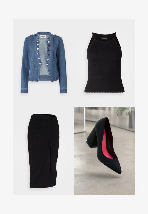 Traper jakna u svijetlo plavoj boji sa strukturiranim dizajnom, zatvaranjem na dugmiće i skraćenim krojem. Ima dugačke rukave i naglašene ramene dijelove.; Crna ženska majica bez rukava s rebrastim uzorkom i čipkastim obrubom na donjem dijelu. Ima tanke naramenice i prilagođen dizajn. Izrađena od rastezljivog materijala.; Crna, nabrana suknja olovka s detaljem vezanja i bočnim prorezom. Izrađena od rastezljivog materijala, s glatkom teksturom i prilagođenim dizajnom.; Crna visoka potpetica s oštrim vrhom, teksturiranom površinom i živopisnom ružičastom unutrašnjošću. Ima masivnu potpeticu s srebrnim detaljem.