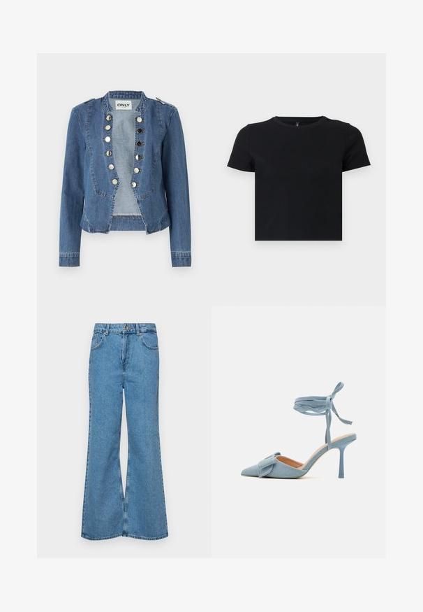 Švarkas iš džinsinės medžiagos šviesiai mėlynos spalvos, su struktūrizuotu dizainu, spaudimo mygtukais ir trumpu kirpimu. turi ilgas rankoves ir pečių akcentus.; Juoda trumpomis rankovėmis marškinėliai, pagaminti iš švelnios medvilnės. Turi apvalų kaklą ir prigludusį dizainą. Lygi tekstūra be raštų ar akcentų.; Šviesiai mėlynos flared džinsai, pagaminti iš džinsinio audinio, su aukštu liemeniu, penkiomis kišenėmis ir vienu mygtuko užsegimu. Minkštas paviršius su išblukusiu efektu.; Šviesiai mėlynos audinio aukštakulnės bateliai su smailiu galiuku ir tekstūruotu paviršiumi, su dekoratyviniu kaspinėliu ir kulkšnies juostele, užtikrinančia tvirtą prigludimą.