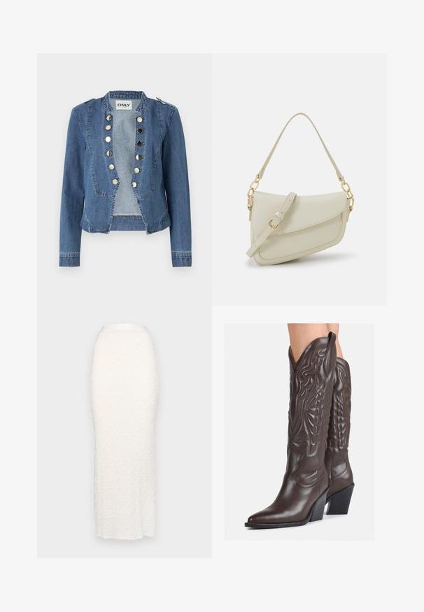 Heledad sinine teksajakk, millel on struktureeritud disain, nupuvajutusega kinnitused ja lühendatud lõige. Omab pikki varrukaid ja õlavarre aktsente.; Valge ilma varrukateta T-särk, mis on valmistatud ribakangast, ümarate kaelustega ja kitseneva siluetiga, minimaalse õmbluste ning ilma kaunistusteta.; Gina Tricot STRUCTURE MAXI SKIRT - Maksiseelik - white; Pruunid nahast cowboy saapad terava varbaga ja plokk-kandaga, millel on detailne tikand ja kergelt tõstetud aktsendid varrel.; Väike kreemjas käekott tekstureeritud viimistlusega, pikendatav rihm, ketiläbimõõt ja klapiga sulgemine. Kuldsed metalldetailid.