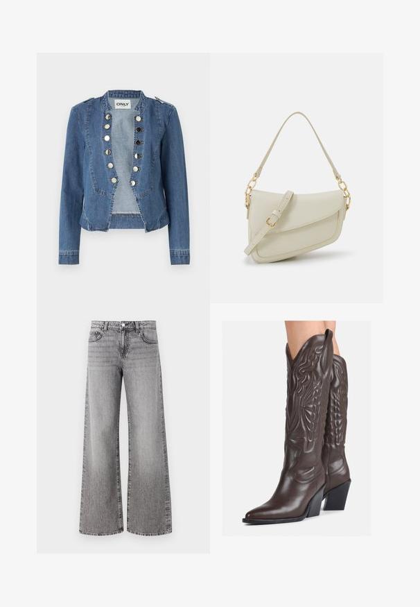 Giacca di denim blu chiaro con un design strutturato, chiusure a bottoni a pressione e vestibilità cropped. Presenta maniche lunghe e accentuazioni sulle spalle.; Top senza maniche bianco realizzato in tessuto a coste, caratterizzato da un collo arrotondato e una silhouette aderente, con cuciture minime e senza decorazioni.; Jeans a gamba larga in denim grigio con finitura sbiadita. Presentano tasche classiche e chiusura con bottone in vita.; Stivali da cowboy in pelle marrone con punta affusolata e tacco a blocco, caratterizzati da dettagliati ricami e accenti rialzati sul gambale.; Piccola borsa a tracolla crema con finitura testurizzata, una lunga tracolla regolabile, un accento a catena e chiusura a patta. Dettagli in hardware dorato.; Orecchini a cerchio in argento con un design torciglionato, caratterizzati da una finitura lucida e chiusura a perno. Misurano circa 3 cm di diametro.