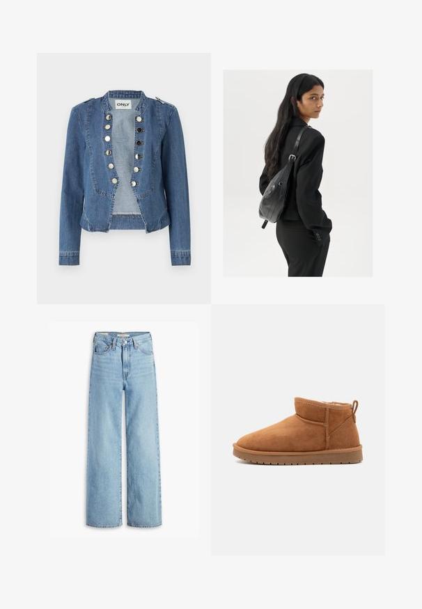 Világoskék farmerdzseki strukturált kialakítással, patentos záródással és rövid szabással. Hosszú ujjakkal és vállrész kiemelésekkel rendelkezik.; Fehér ujjatlan trikó ribbed anyagból, lekerekített nyakkivágással és testhez simuló siluettel, minimális varrásokkal és díszítések nélkül.; Magas derekú, világoskék, bőszárú farmernadrág, elöl gombbal és cipzárral, övhurkokkal és öt zsebes stílussal.; Call it Spring JAMIELEE - Téli csizmák - camel; Hosszú, sötét hajú nő fekete öltönyben, fekete bőrtáskával a vállán, a vállán át néz a fehér háttér előtt.