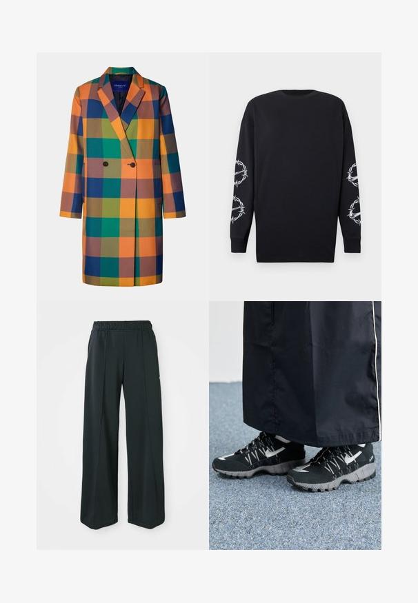 Double-breasted coat featuring a large multicolored check pattern in orange, green, blue, and brown. Made from textured fabric with two front pockets.; Black long-sleeve shirt with round neckline, featuring white barbed wire and thorns graphics on both sleeves.; Black, wide-leg athletic pants with an elastic waistband. Made from smooth, stretchy fabric, featuring subtle front seams and no pockets.; Black athletic shoes with a textured upper, silver accents, and a patterned outsole, paired with a black long garment. Set against blue carpet.