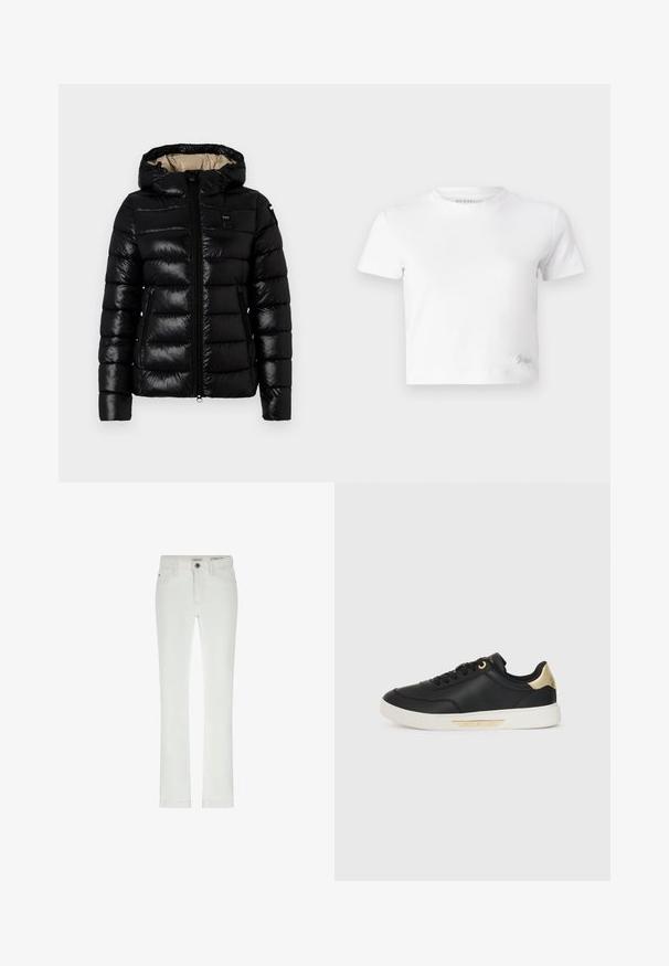 Black puffer jacket featuring a hood, zip closure, and two side pockets. Smooth, shiny fabric with stitched horizontal padding.; White cropped t-shirt made of smooth cotton, featuring a high neckline and short sleeves. Small embroidered logo in the bottom corner.; White jeans with a slim fit, 5-pocket design, and contrasting stitching. Features a button closure and subtle brand label at the waistband.; Black leather sneaker with a smooth texture, white rubber sole, gold accents on the heel and eyelets, featuring a logo on the side.