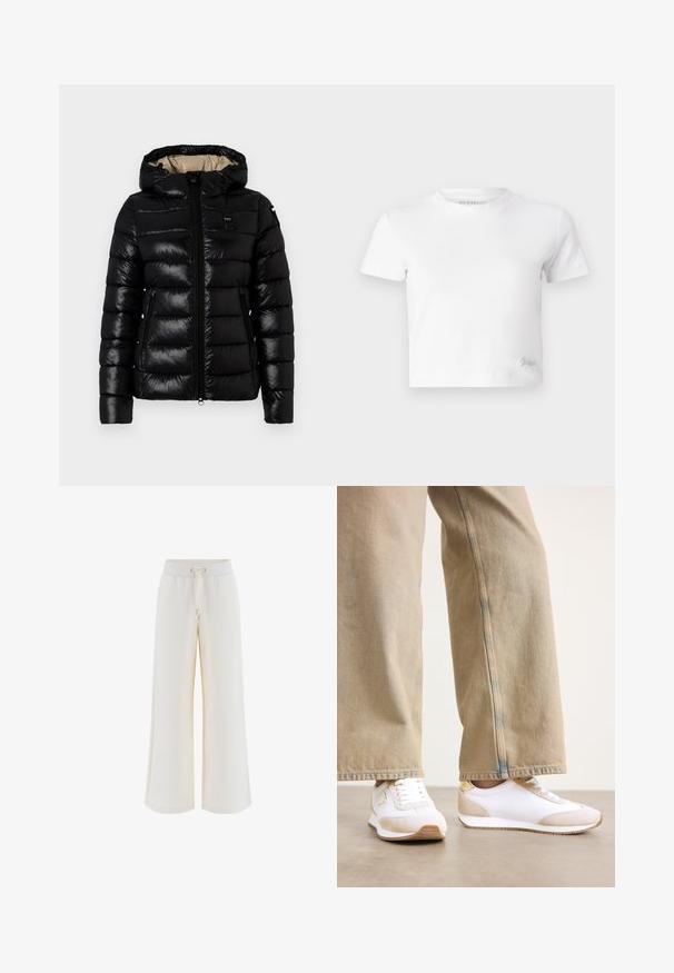 Black puffer jacket featuring a hood, zip closure, and two side pockets. Smooth, shiny fabric with stitched horizontal padding.; White cropped t-shirt made of smooth cotton, featuring a high neckline and short sleeves. Small embroidered logo in the bottom corner.; Wide-leg lounge pants in light cream, made of soft fabric, featuring a drawstring waist and subtle embossed pattern throughout.; White sneakers featuring a beige suede accent, flat lace closure, and rubber outsole, paired with light beige straight-leg jeans.