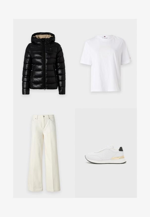 Fekete pufi kabát kapucnival, cipzáras záródással és két oldalsó zsebbel. Simító, fényes anyag, steppelt vízszintes párnázással.; Fehér pamut póló, kerek nyakkivágással, rövid ujjakkal és diszkrét sárga logóval, amelyen a felirat "HILFIGER NEW YORK 1985" szerepel. Normál szabású.; Bőszárú fehér farmernadrág pamut keverék anyagból. Cipzáras záródással, öt zsebes kialakítással és varrással a varratok mentén.; Fehér sneakers sima felülettel, fekete sarok kiemeléssel és arany fém részlettel a talp középső részén. Fűzős kialakítás, gumitalp.