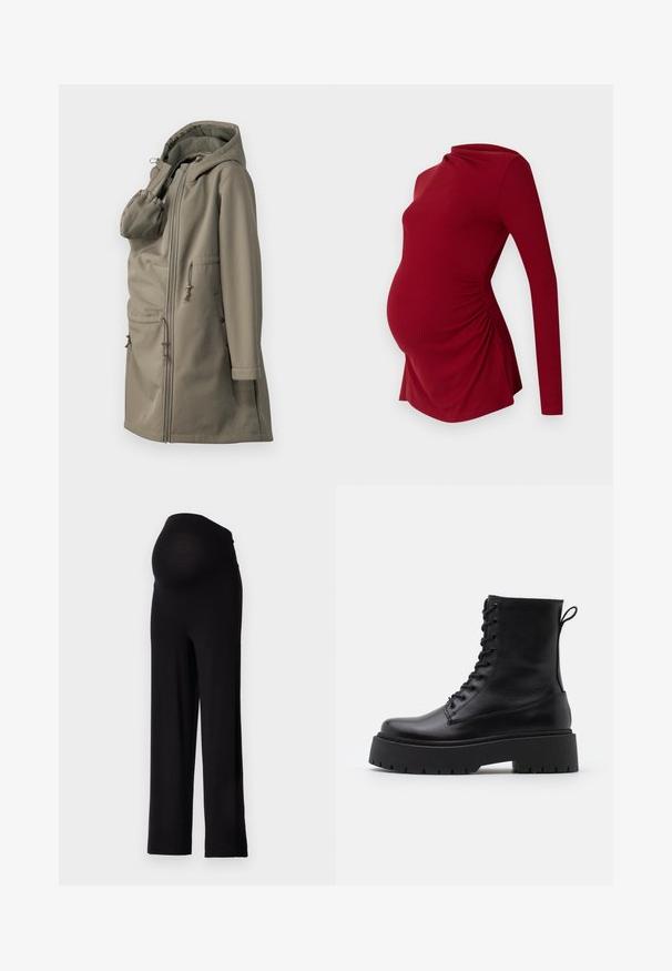 Kerge beež kapuutsiga jakk, millel on tekstuuriga sisemus, ees lukuga, kaks sangtaskut ning reguleeritavad nöörid vööl ja kapuutsis.; Pikad varrukad punane rasedustop ribatreipimisega, millel on rippuv kaelus ja külgkrutimisega detailid, et mahutada kasvavat kõhtu.; Mustad mustus rasedate püksid, millel on veniv ja sobiv vöökoht ning laiad sääred. Valmistatud pehmest kangast, mis pakub mugavust ja tuge.; Mustad mustad nahast pahkluu saapad ümarate varvastega, nööridega esiosas ja paksu kummist talla ning tekstuuritud mustriga. Tagumine tõmbeaas.