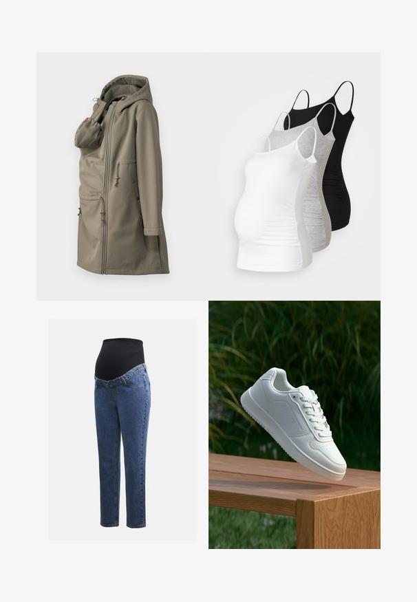 Chaqueta ligera beige con capucha, interior texturizado, cierre frontal, dos bolsillos de parche y cordones ajustables en la cintura y la capucha.; Tres camisetas de maternidad sin mangas en blanco, gris y negro. Fabricadas con tejido elástico, tienen tirantes ajustables y costuras laterales fruncidas para mayor comodidad.; Jeans de maternidad con piernas de denim azul y un panel abdominal elástico negro diseñado para soportar y cubrir una barriga en crecimiento.; Zapatilla blanca con un upper sintético suave, caja de dedos perforada, cordones planos y una suela texturizada, exhibida sobre una superficie de madera.