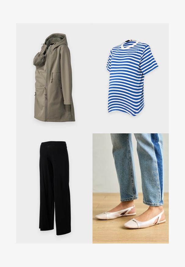 Lengvas smėlio spalvos džemperis su gobtuvu, su tekstūruota vidine dalimi, priekyje su zip užtrauktuku, dviem kišenėmis ir reguliuojamomis raištelėmis liemenyje bei gobtove.; Mėlynos ir baltos juostelės trumpomis rankovėmis marškinėliai su apvalia iškirpte ir švelnia, lygia tekstūra. Horizontalios juostelės yra tolygiai išdėstytos.; Juodos plačios kelnės su elastinga juosmeniu ir lygia, tampria tekstūra. Turi paprastą dizainą, be raštų ar puošmenų.; Šviesiai rožiniai slingback baleto bateliai su smailiu pirštu, pagaminti iš lygios odai panašios medžiagos. Yra išpjovimų detalės šonuose ir plokščias kulnas.