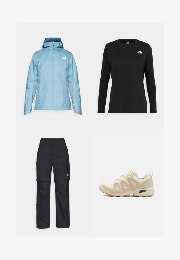The North Face QUEST TRICLIMATE - Hardshell jacket - algae blue/midnight petrol; Svart langermet T-skjorte laget av bomull med rund hals. Har en liten hvit logo på venstre brystområde. Enkelt design og passform.; Svarte nylon cargo-bukser med glidelås og justerbare mansjetter, flere lommer og en logo på høyre bein. Glatt, lett tekstur.; Beige og krem joggesko med teksturert mesh-overdel, støttende overlegg og gummisåle med et mønster for godt grep.