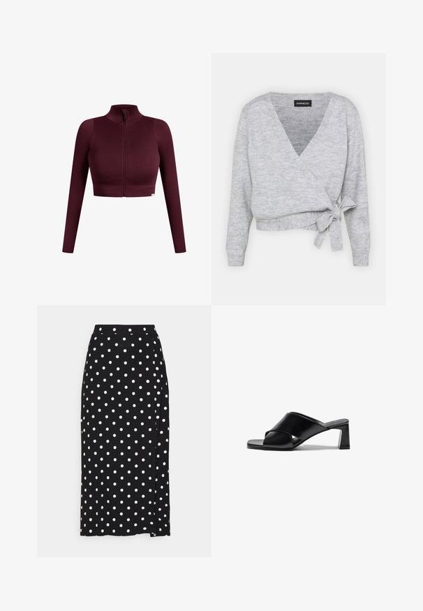 Bordeaux ribbet crop top med lange ærmer, høj krave og lynlås lukning foran. Har subtil tekstur og et logomærke ved kanten.; Grå indpakningsstriktrøje med v-hals, lange ærmer og justerbar snøring i livet. Lavet af blødt strikmateriale med en subtil tekstur.; To bomuldsbraletter: en i lys beige og en anden i sort, begge med tynde stropper og en V-hals design. Etiketter synlige indeni.; Sort nederdel med hvide polkaprikker, lavet af blødt stof. Den har en lige pasform og en slids i bunden for nem bevægelse.; Sorte læderhælede sandaler med krydsremdesign, firkantet tå og blokhæle. Glat tekstur med minimal detaljering.