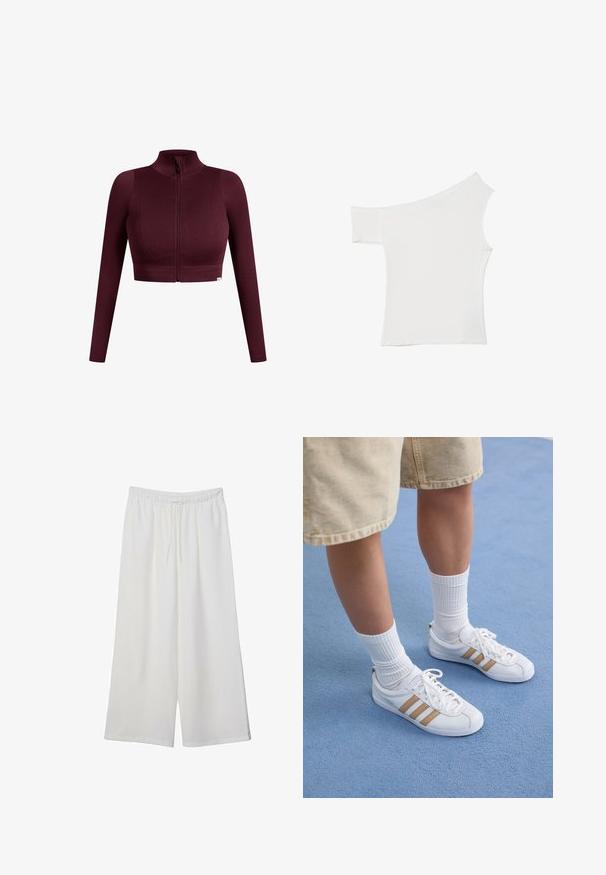 Burgundské vroubkované crop top s dlouhými rukávy, vysokým límcem a předním zipem. Má jemnou strukturu a logo štítek na lemu.; Asymetrický bílý top vyrobený z hladké látky, s jedním krátkým rukávem a jedním bezramenním designem, s čistým, minimalistickým vzhledem.; Bílé kalhoty s širokými nohavicemi vyrobené z lehké tkaniny, s elastickým pasem a stahovací šňůrkou pro nastavitelnou velikost. Hladká textura.; Bílé tenisky se třemi zlatými pruhy, šněrovací design, gumová podrážka, nošeny s žebrovanými bílými ponožkami a béžovými kraťasy na modrém povrchu.