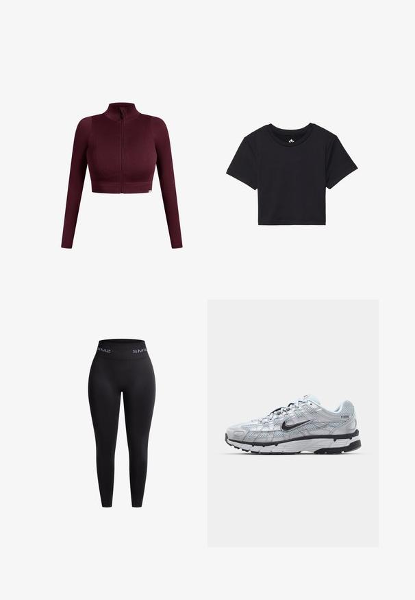 Bordowy, prążkowany crop top z długimi rękawami, wysokim kołnierzem i zapięciem na zamek błyskawiczny z przodu. Posiada subtelną teksturę oraz metkę z logo na dolnym brzegu.; Czarna krótka koszulka z krótkimi rękawami, okrągłym dekoltem, wykonana z gładkiego materiału. Minimalistyczny design bez widocznych wzorów czy akcentów.; Czarne legginsy wykonane z elastycznego materiału z wysokim elastycznym paskiem w talii, na którym widnieje tekst "SMIL" w kolorze białym. Gładka faktura i dopasowany fason.; Nike P-6000 sneakers z jasnoszarym siateczkowym wierzchem, czarnymi akcentami i trwałą czarną gumową podeszwą. Charakteryzują się skomplikowanym wzornictwem i systemem sznurowania.
