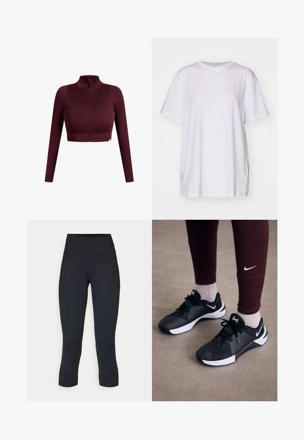 Bordeaux ribbet crop top med lange ærmer, høj krave og lynlås lukning foran. Har subtil tekstur og et logomærke ved kanten.; Hvid oversized t-shirt lavet af bomuld, med rund halsudskæring, korte ærmer og sideslids for en afslappet pasform. Glat tekstur.; Sorte cropped leggings lavet af stretchy materiale, med en høj talje og blød tekstur, uden synlige mønstre eller hardware.; Sorte træningssko med en struktureret overdel og hvide accenter, forsynet med snørebånd og et logo på siden. Båret med maroon leggings og lyse sokker.
