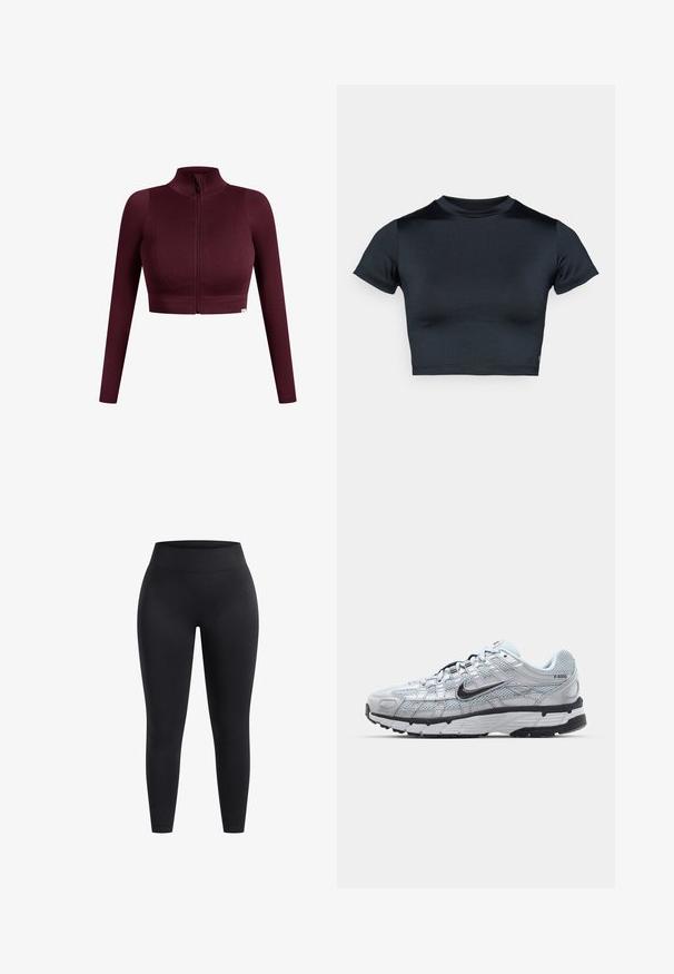Burgunderfärgad ribbad crop top med långa ärmar, hög krage och dragkedja fram. Har en subtil textur och en logotag vid fållen.; Even&Odd active T-shirt till träning - black; Högmidjade svarta leggings i stretchigt material med en slät yta och ankellång passform. Inga mönster eller synliga detaljer i hårdvara.; Nike P-6000 sneakers med en ljusgrå nätövre, svarta accenter och en hållbar sula i svart gummi. Har en intrikat design och snörningssystem.