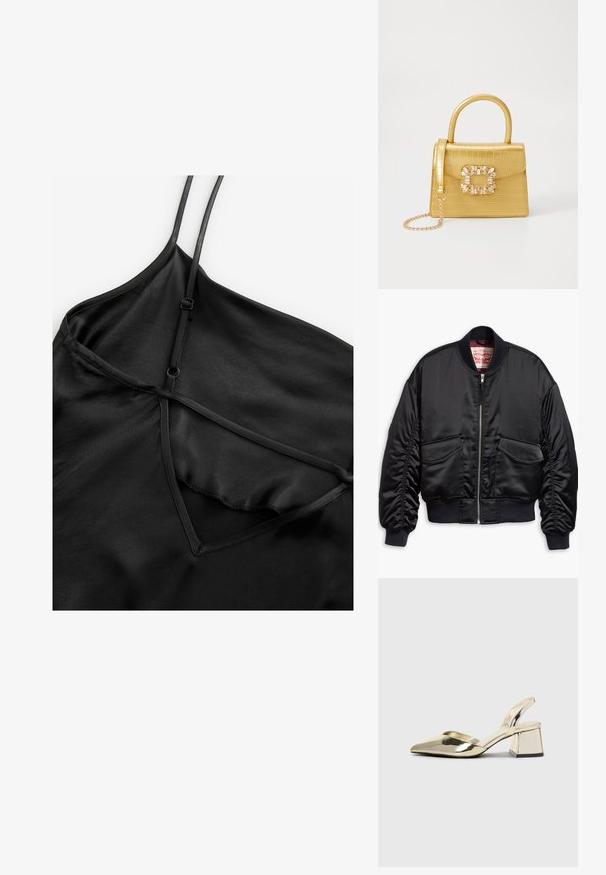 Fekete bomber dzseki sima szaténból, rövidített fazonban, bordás mandzsettával és szegéllyel, két elülső zsebbel és cipzáros záródással.; Fekete selyem ágyneműruha vékony, állítható pántokkal, V-nyakkivágással és réteges kialakítással, sima, fényes textúrával.; Arany, fémből készült slingback sarkú cipők hegyes orral és vastag sarokkal. Simaság, minimalista design és keskeny pánt jellemzi.; Sárga műbőr krokodil mintás kézitáska strukturált kialakítással, felső fogantyúval, leválasztható lánccal és díszes kristály díszítéssel a záron.