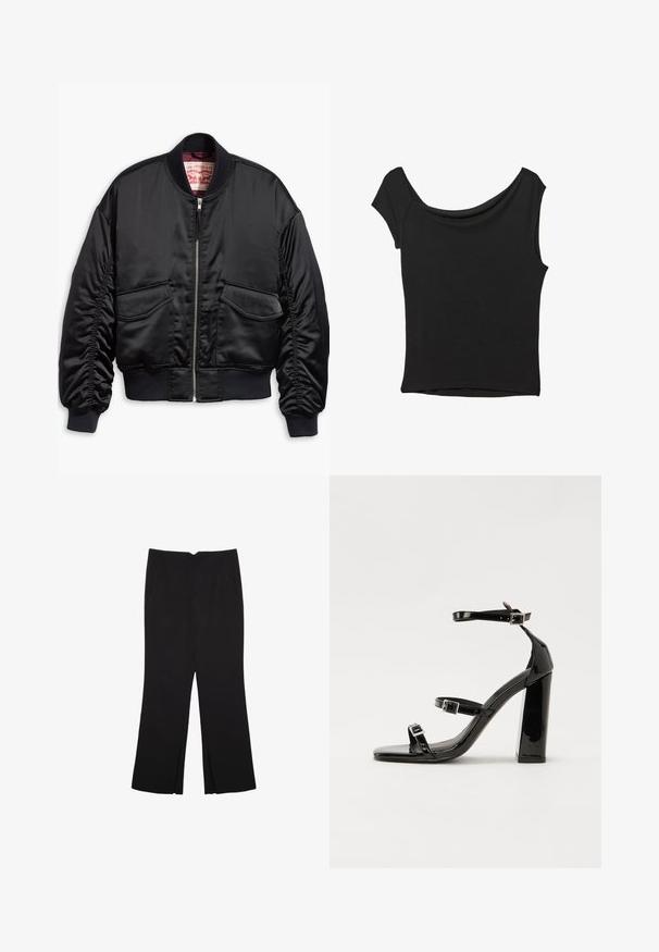 Schwarze Bomberjacke aus glattem Satin mit kurzem Schnitt, ausgestattet mit gerippten Bündchen und Saum, zwei Fronttaschen und einem Reißverschluss.; Schwarzes Kurzarmoberteil aus glattem Stoff; hat einen drapierten Ausschnitt und einen asymmetrischen Saum, mit einem figurbetonten Körper.; Schwarze Hose mit geradem Schnitt, ausgestattet mit Fronttaschen und Seitenschlitzen am Saum. Hergestellt aus weichem, glattem Stoff. Geeignet für verschiedene Anlässe.; Schwarze patentierte Sandalen mit Absatz, quadratischer Spitze, Knöchelriemen und silbernen Schnallen. Mit einem stabilen Blockabsatz für mehr Stabilität.