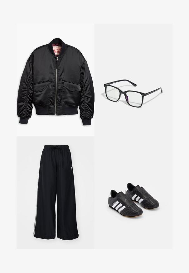 Zwarte bomberjack van glad satijn met een cropped ontwerp, voorzien van geribbelde manchetten en zoom, twee steekzakken aan de voorkant en een ritsluiting.; Witte lange mouwen t-shirt van katoen. Heeft een klein kleurrijk logo op de borst, met een ronde halslijn en een ontspannen pasvorm.; Zwarte wijde pijpen broek gemaakt van lichtgewicht stof. Heeft een elastische tailleband met een trekkoord en witte zijstrepen. Merklogo op de heup.; Zwarte voetbalschoenen met een bovenwerk van textuurleer, voorzien van een gevoerde voorkant, drie witte strepen aan de zijkanten en een gumrubberen zool.; Zwarte rechthoekige brillen met heldere glazen, voorzien van gouden accenten op het montuur en een lichte paarse tint op één glas.; Zwarte leren schoudertas met een gladde textuur, een gebogen bovenkant en een enkele schouderband. Voorzien van een ritsluiting en een minimalistisch design.
