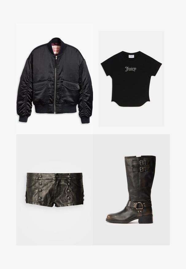 Giacca bomber nera in satin liscio con design corto, polsini e orlo a costine, due tasche frontali e chiusura con zip.; T-shirt nera a maniche corte con orlo arrotondato e maniche raglan. Presenta il testo "Juicy" decorato con strass sul davanti.; Shorts neri in pelle a vita bassa con bottoni metallici decorativi frontali e laterali, dotati di tasche anteriori e dettagli di cucitura.; Stivale in pelle nera fino al polpaccio con due fibbie nella parte superiore e una cinghia con dettaglio ad anello metallico attorno alla caviglia, su uno sfondo bianco.