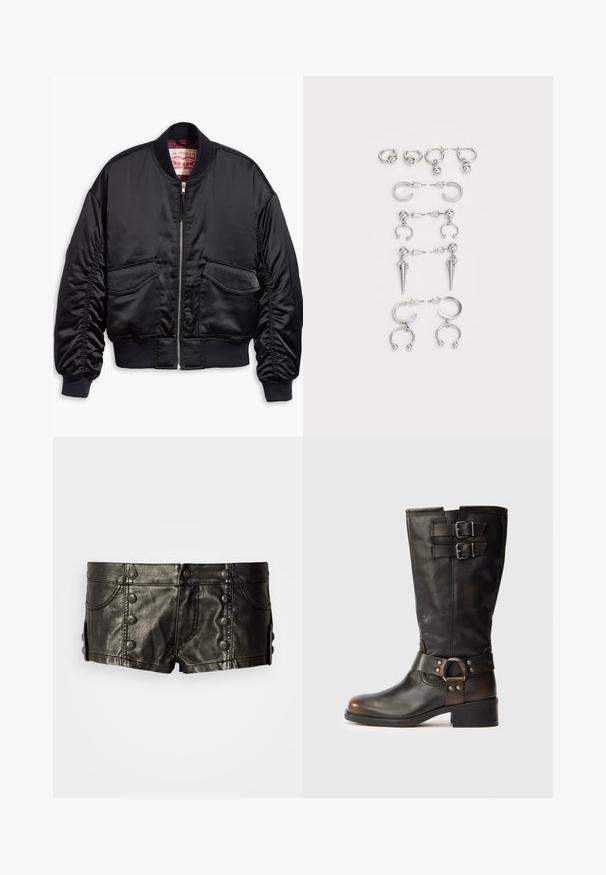 Black bomber jacket made of smooth satin with a cropped design, featuring ribbed cuffs and hem, two front pockets, and a zip closure.; Black short-sleeve T-shirt with a rounded hem and raglan sleeves. Features embellished "Juicy" text in rhinestones on the front.; Black leather low-rise shorts with decorative metal buttons on front and sides, featuring front pockets and stitching details.; Black leather mid-calf boot with two buckles near the top and a strap with metal ring detail around the ankle on a white background.; Set of silver earrings featuring various designs: hoops, studs, and dangling styles, with ball accents and pointed elements.