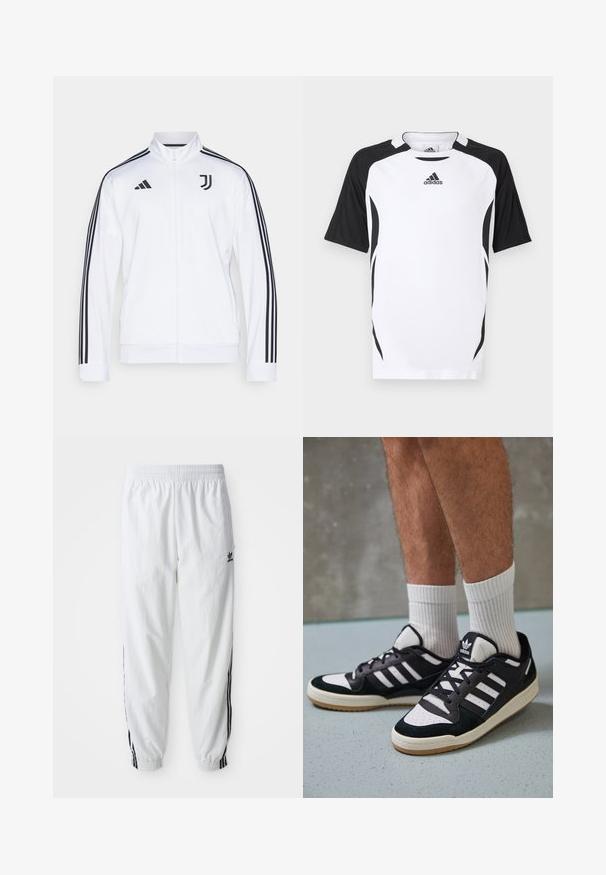 Valkoinen vetoketjullinen urheilu takki mustilla raidoilla hihoissa, jossa on Adidas-logo ja Juventuksen emblem rintakehässä. Sileä kangaspinta.; Valkoinen Adidas-t-paita mustilla yksityiskohdilla, lyhyet hihat. Siinä on pyöreä pääntie, pystysuuntainen tekstuuri ja sivutaitteet urheilullista istuvuutta varten.; Valkoiset urheiluhousut, joissa on mustat sivupainatukset, joustava vyötärö ja hihnat; vasemmassa reidessä Adidas-logo. Suora kangastyyppi.; Valkoiset ja mustat tennarit, joissa on mokkanahka- ja nahkapäällinen, kolme valkoista raitaa, rei'itetty kärki ja kumipohja.
