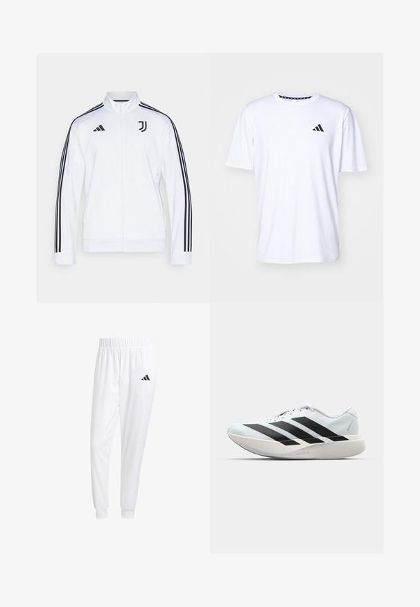 Witte sportjack met rits en zwarte strepen op de mouwen, voorzien van het Adidas-logo en een Juventus-embleem op de borst. Glad stoffen afwerking.; Witte T-shirt met korte mouwen, gemaakt van stof met een gladde textuur. Heeft een zwart adidas-logo op de linkerborst en een geborduurde kraag.; Witte sportbroek van gladde stof, met een elastische tailleband en smalle taillebanden, voorzien van een zwart logo op de achterzak.; Lichte hardloopschoenen in lichtblauw met zwarte strepen. Beschikt over een soepele bovenkant, ronde neusstuk en dikke witte tussenzool met het label "LIGHTSTRIKE PRO."