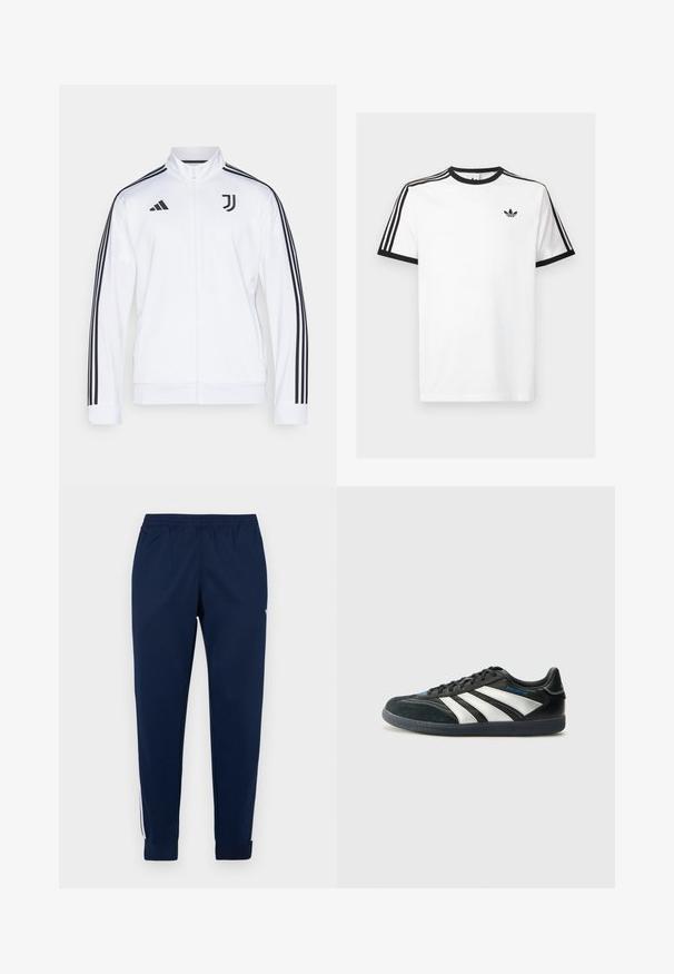 Casaco desportivo branco com fecho éclair e riscas pretas nas mangas, apresentando o logótipo da Adidas e um emblema da Juventus no peito. Acabamento de tecido suave.; T-shirt de algodão branco com decote e mangas caneladas pretas, apresentando três riscas pretas em cada ombro e um pequeno logotipo no peito.; Calças desportivas azul-marinho com cós elástico, pernas afuniladas e riscas laterais brancas a correr verticalmente. Textura do tecido suave.; adidas Performance PREDATOR FREESTYLE JUDE INDOOR FOOTBALL SHOES - Botas de futebol de salão - core black/silver-coloured/glory blue
