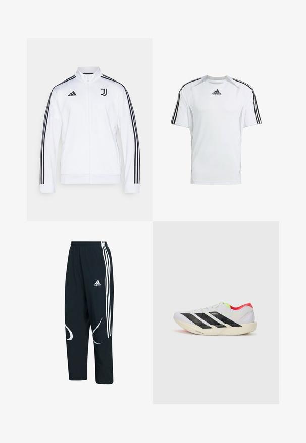 Baltas zip-up sportinis švarkas su juodomis juostelėmis ant rankovių, su Adidas logotipu ir Juventus emblema ant krūtinės. Lygaus audinio apdaila.; Balta trumpa rankovėmis sportinė marškinė su juodais „Adidas“ trimis juostelėmis ant pečių, pagaminta iš lygaus, lengvo audinio.; Juodi treniruoklių kelnės su baltomis juostelėmis ir logotipu, pasižyminčios laisvu kirpimu, elastingu juosmeniu ir išlenktomis baltomis zigzaginėmis raštais šonuose.; Baltos bėgimo bateliai su juodomis juostelėmis, neoninių žalių akcentų ir raudonu kulnu. Jie pasižymi lengvu dizainu ir tekstūruotu padu, kuris suteikia sukibimą.