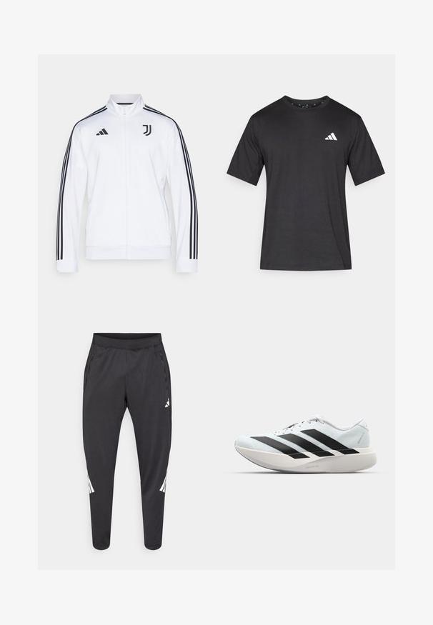 Jachetă sport albă cu fermoar, cu dungi negre pe mâneci, având logo-ul Adidas și un emblema Juventus pe piept. Finisaj de țesătură netedă.; T-shirt negru cu mânecă scurtă, realizat dintr-un material cu textură netedă; dispune de un logo alb pe piept și un guler rotund.; Pantaloni atletici negri cu picioare conice, talie elastică, buzunare laterale și detalii albe cu logo și dungi. Confecționați dintr-un material neted și ușor.; Pantofi de alergare ușori în albastru deschis cu dungi negre. Au un superior neted, vârf rotund și o intermediară groasă albă etichetată "LIGHTSTRIKE PRO."