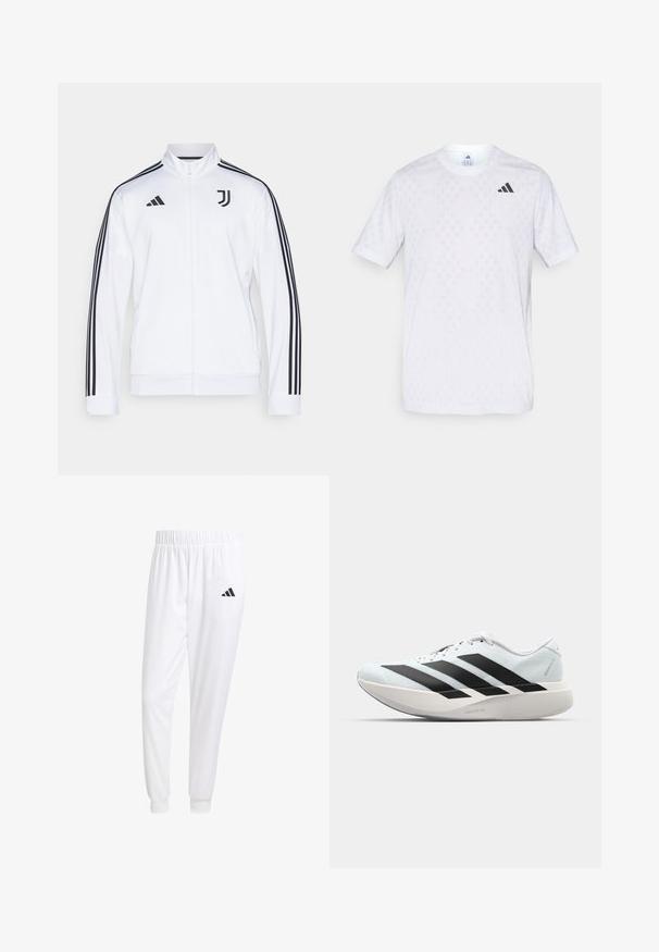 Chaqueta deportiva blanca con cremallera y rayas negras en las mangas, con el logo de Adidas y un emblema de la Juventus en el pecho. Acabado de tela suave.; Camiseta de manga corta blanca con un sutil patrón de diamantes, fabricada en tejido ligero, con un logotipo de adidas negro en el pecho.; Pantalones deportivos blancos de tela suave, con cinturilla elástica y puños ajustados, y un logo negro en el bolsillo trasero.; Zapatillas de running ligeras en azul pálido con rayas negras. Presentan una parte superior suave, puntera redonda y una gruesa mediasuela blanca etiquetada como "LIGHTSTRIKE PRO".