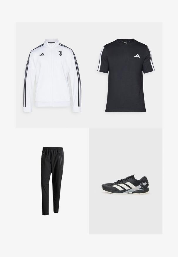 Hvid sportsjakke med lynlås og sorte striber på ærmerne, med Adidas-logo og Juventus-emblem på brystet. Glat stoffinish.; Sort T-shirt fremstillet af cotton med korte ærmer, udstyret med hvide striber på skuldrene og et hvidt logo på venstre bryst.; Sorte atletiske bukser med elastisk talje, to lynlåslommer på siden, tætsiddende ben og en diskret logo-detalje på hoften.; Sort sportsko med hvide striber, mesh-overdel, rund tå og dæmpet sål. Har en tekstureret hæl og et sikkert snøresystem.