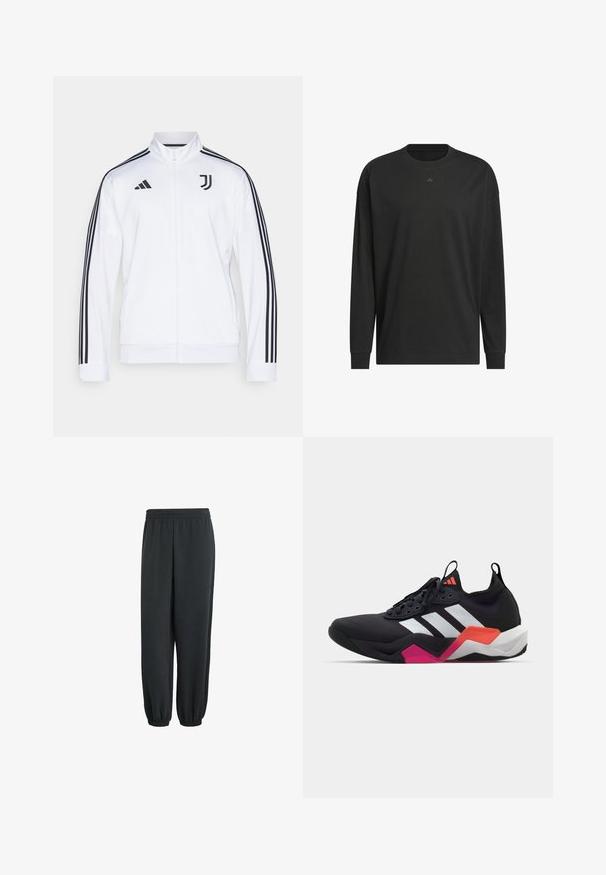 Vit zip-up sportjacka med svarta ränder på ärmarna, med Adidas-logotypen och en Juventus-emblem på bröstet. Slät tygfinish.; Svart långärmad t-shirt i mjuk bomull med rund halsringning, avslappnad passform och en liten logotypdetalj på bröstet.; Svarta joggerbyxor tillverkade av mjukt material, med elastisk midja och avsmalnande muddar, designade för komfort och en avslappnad passform.; Svart träningsskor med vita ränder, texturerad överdel och en kraftig sula med orange, rosa och vita accenter. Snörningsdesign med dragflik.