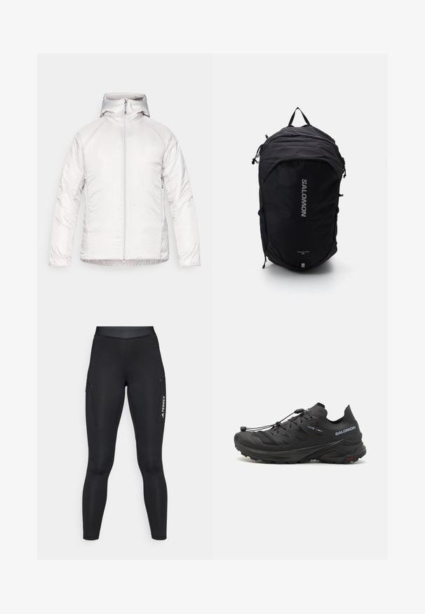 Valge kapuutsiga jakker, millel on sile ja läikiv tekstuur, täieliku eesmine tõmblukk ja raglanvarrukad. Ilma nähtavate mustrite või aktsentideta.; Pikem varrukatega valge sportlik särk, millel on vale kaelus ja väike keskne logo rinnal, esitatud ühetoonilisel taustal.; Mustad musta sportlikud retuusid, millel on tihe vorm ja veniv materjal. Omavad külje taskuid ning valget "TERREX" brändingut.; Mustad mustarunnakingad tekstuuriga ülemise osa, võrkpaneelide ja kindla kinnitussüsteemiga. Omab robustset talda haardeks.; Must kasutatud must seljakott, millel on voolujooneline disain, tekstureeritud kangas, reguleeritavad rihmad ning silmapaistev hõbedane "SALOMON" logo esiküljel.