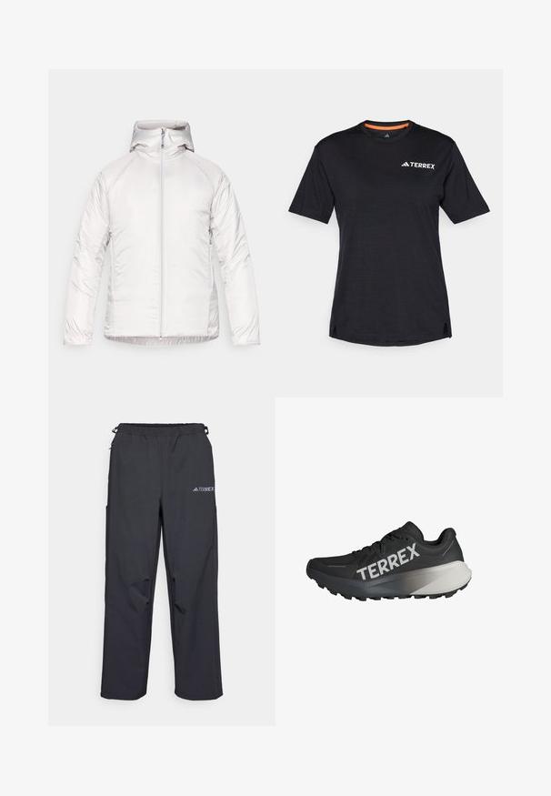 Bijela kapuljača s glatkom, sjajnom teksturom, koja ima puni prednji patentni zatvarač i raglan rukave. Nema vidljivih uzoraka ili naglasaka.; Crna majica kratkih rukava s okruglim izrezom, koja ima suptilnu melirani teksturu i bijeli logo "TERREX" na gornjoj lijevoj strani.; Crne, lagane hlače za aktivnosti na otvorenom s elastičnom pasicom, bočnim džepovima i logotipom na gornjoj desnoj nozi. Glatka, vodootporna tkanina.; Crne trkačke tenisice s teksturiranim gornjim dijelom, istaknutim bijelim logotipom "TERREX", suženim dizajnom potplata i gradijentnim sivim naglaskom na peti.