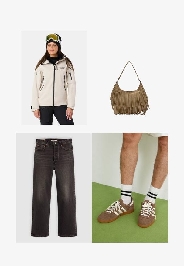 Beige waterproof jacket with black zippers and accents, featuring a zip-up front, side pockets, and a hood. Worn with ski goggles and a beanie.; White long-sleeve top with a wide neckline, side slits, and a smooth, lightweight fabric, featuring a simple, minimalistic design.; Black denim jeans with a straight leg design. Features copper rivets and pockets. Smooth texture and slightly faded finish.; Brown suede sneakers with white accents and laces. Rubber gum sole. Worn with white socks featuring black stripes. Green textured flooring.; Brown suede handbag with long fringe details, a curved shape, and a single shoulder strap. Features a smooth, textured surface.