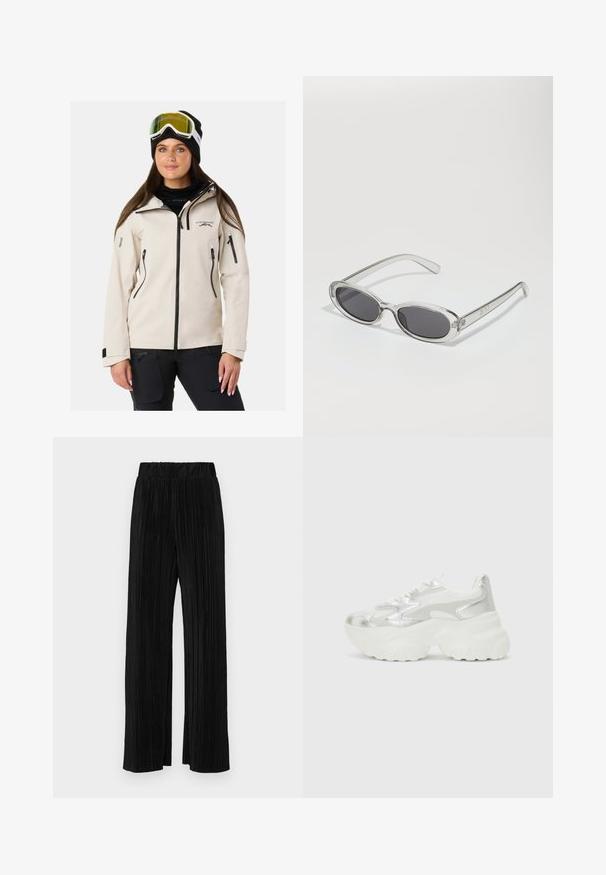 Beige vandtæt jakke med sorte lynlåse og detaljer, med lynlåslukning foran, sidelommer og hætte. Bæres med skigoggles og en hue.; Sort T-shirt lavet af bomuld, med korte ærmer over et hvidt langærmet lag med et subtilt tekstureret mønster. Design med rund hals.; Sorte plisserede bukser med elastisk talje. Har brede ben og et glat, tekstureret stof med lodrette striber.; Sølv sneakers med en struktureret mesh-overdel og iriserende detaljer, der har en kraftig hvid sål og snørebåndslukning.; Solsikker med oval form, klar plastramme, mørkegrå linser og tynde gennemsigtige arme med logovariationer og minimal detaljer.