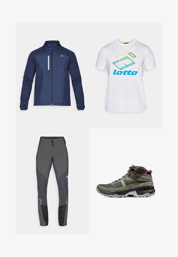 Giacca leggera blu navy con colletto alto, zip frontale a tutta lunghezza e una piccola tasca sul petto con zip. Presenta maniche lunghe e polsini elasticizzati.; T-shirt in cotone bianco con un design grafico multicolore e testo "lotto" in blu. Maniche corte e scollatura tonda.; Pantaloni da trekking grigi con design affusolato, molteplici tasche e accenti di contrasto grigio scuro e nero. Realizzati in un materiale flessibile e resistente.; Scarpa da trekking a taglio medio in mesh grigio scuro e oliva con dettagli in gomma. Presenta una parte superiore texturizzata, un tallone rinforzato e un battistrada aggressivo.